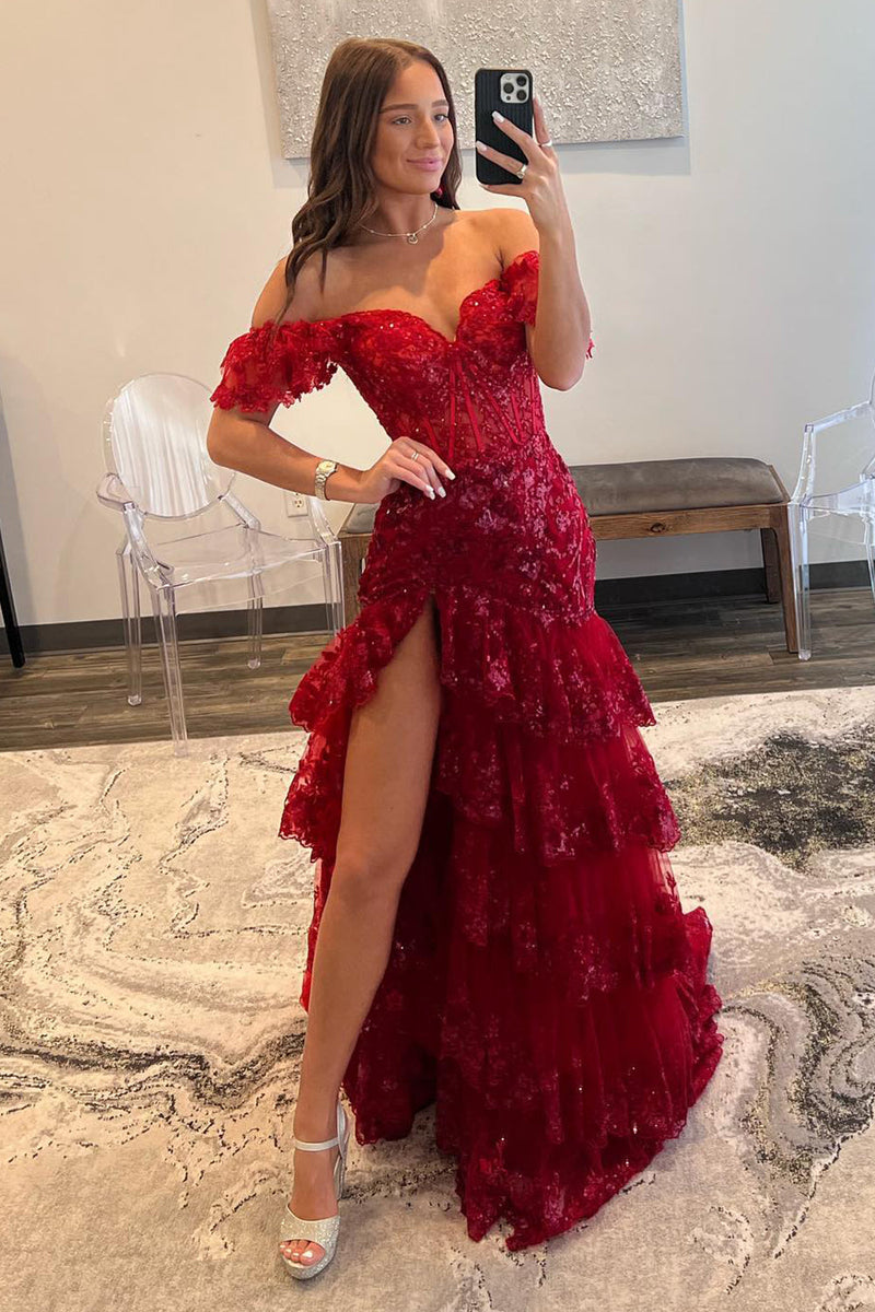 Load image into Gallery viewer, Dark Red Off The Shoulder Tiered Formal Dress