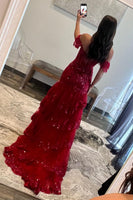 Load image into Gallery viewer, Dark Red Off The Shoulder Tiered Formal Dress
