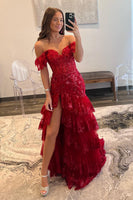 Load image into Gallery viewer, Dark Red Off The Shoulder Tiered Formal Dress
