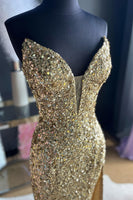 Load image into Gallery viewer, Blue Strapless Sequin Formal Dress with Slit