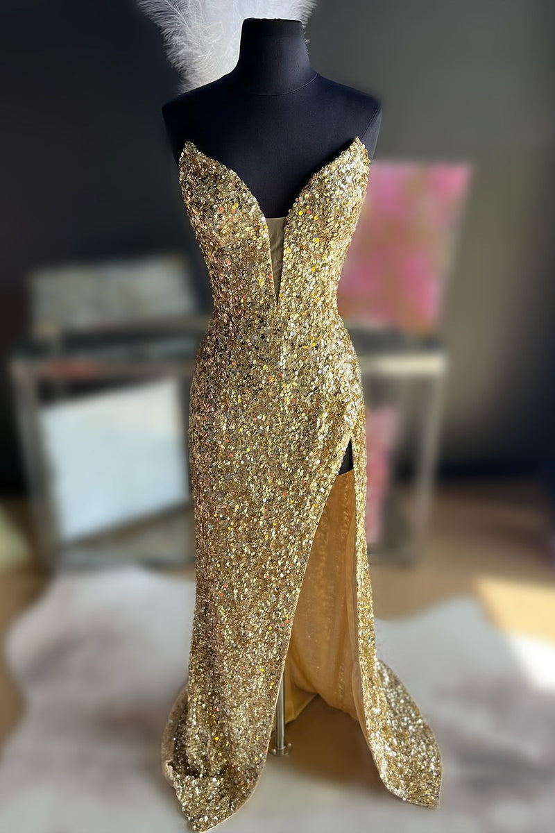 Load image into Gallery viewer, Hot Pink Strapless Sequin Formal Dress with Slit