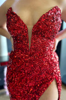 Load image into Gallery viewer, Blue Strapless Sequin Formal Dress with Slit