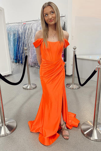 Orange Corset Off the Shoulder Long Formal Dress with Slit