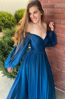 Load image into Gallery viewer, Navy Off Shoulder Long Sleeves Formal Dress with Ruffles