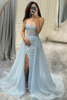 Load image into Gallery viewer, Glitter Light Blue Long Corset Formal Dress With Slit