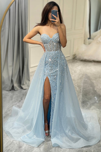 Glitter Light Blue Long Corset Formal Dress With Slit