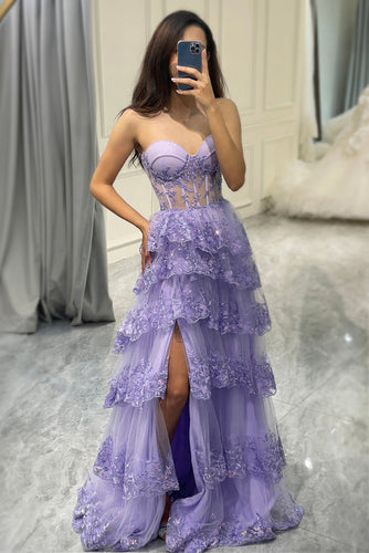 Glitter Purple Sweetheart Long Corset Tiered Formal Dress With Slit