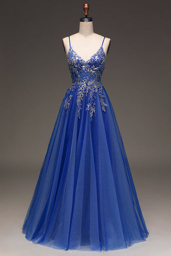 Tulle Spaghetti Straps Royal Blue Ball Gown with Sequins