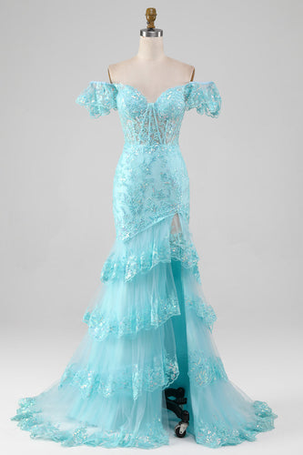 Sky Blue Off the Shoulder Lace and Sequin Mermaid Formal Dress with Slit