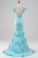 Load image into Gallery viewer, Sky Blue Off the Shoulder Lace and Sequin Mermaid Formal Dress with Slit
