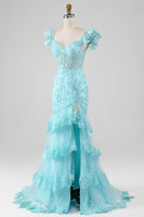 Load image into Gallery viewer, Sky Blue Off the Shoulder Lace and Sequin Mermaid Formal Dress with Slit