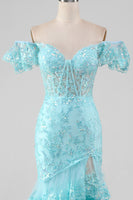 Load image into Gallery viewer, Sky Blue Off the Shoulder Lace and Sequin Mermaid Formal Dress with Slit