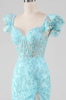 Load image into Gallery viewer, Sky Blue Off the Shoulder Lace and Sequin Mermaid Formal Dress with Slit