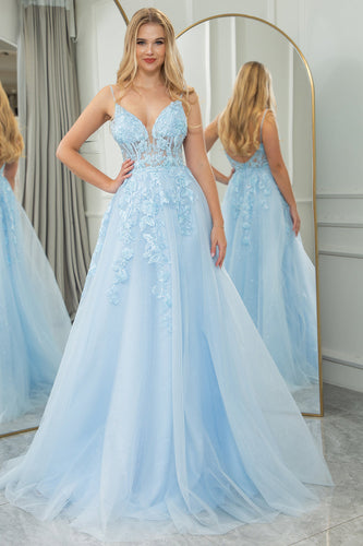 Light Blue A Line Tulle Backless Long Corset Formal Dress With Appliques
