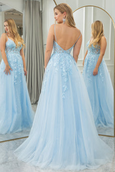 Light Blue A Line Tulle Backless Long Corset Formal Dress With Appliques
