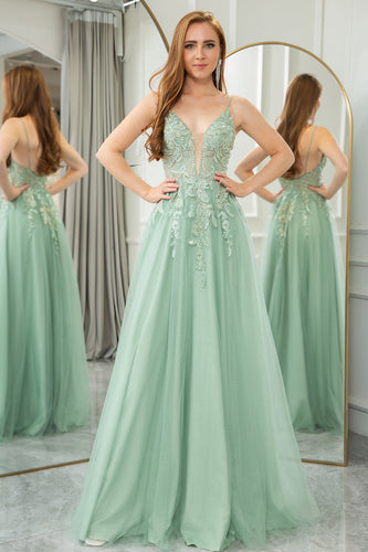 Green A Line Tulle Backless Long Formal Dress With Appliques