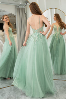 Green A Line Tulle Backless Long Formal Dress With Appliques