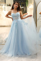 Load image into Gallery viewer, Light Blue A Line Long Corset Formal Dress With Appliques