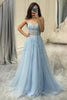 Load image into Gallery viewer, Light Blue A Line Tulle Long Corset Appliqued Formal Dress