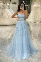 Load image into Gallery viewer, Light Blue A Line Tulle Long Corset Appliqued Formal Dress