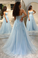 Load image into Gallery viewer, Light Blue A Line Long Corset Formal Dress With Appliques