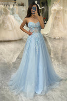 Load image into Gallery viewer, Light Blue A Line Tulle Long Corset Appliqued Formal Dress