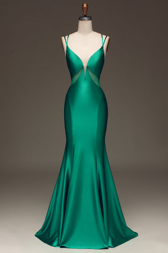 Green Deep V-neck Satin Mermaid Formal Dress with Lace-up Back