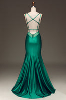 Load image into Gallery viewer, Green Deep V-neck Satin Mermaid Formal Dress with Lace-up Back