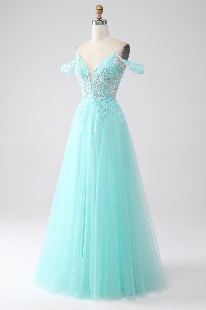 Load image into Gallery viewer, Light Green Cold Shoulder Sequins Formal Dress