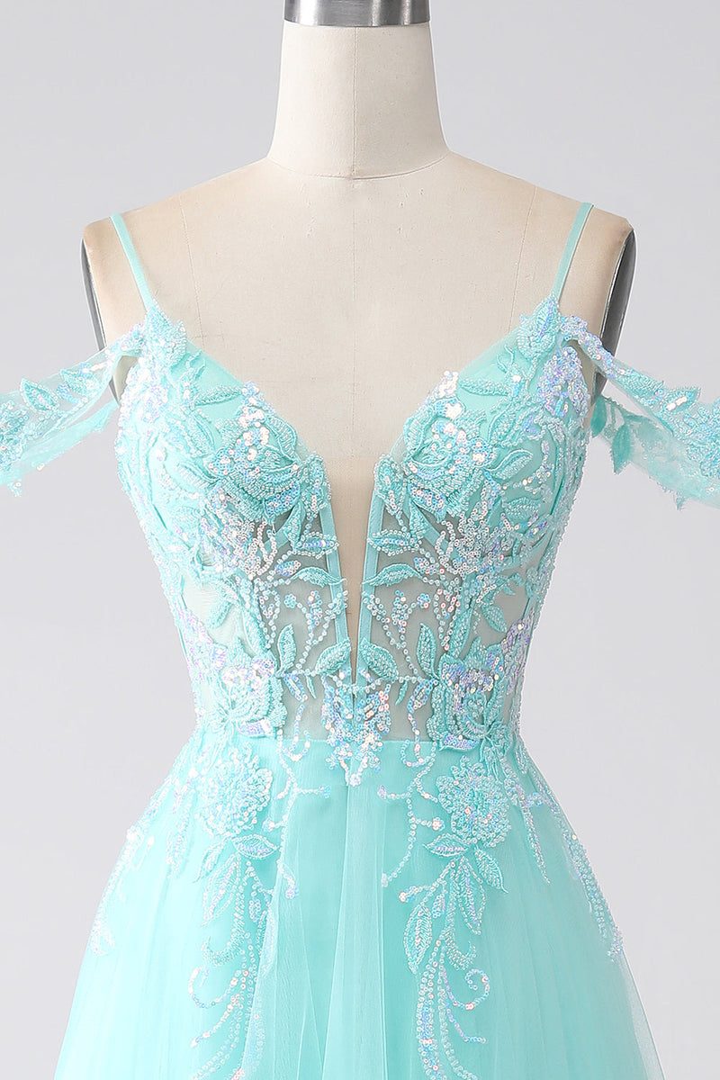 Load image into Gallery viewer, Light Green Cold Shoulder Sequins Formal Dress