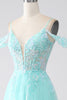 Load image into Gallery viewer, Light Green Cold Shoulder Sequins Formal Dress