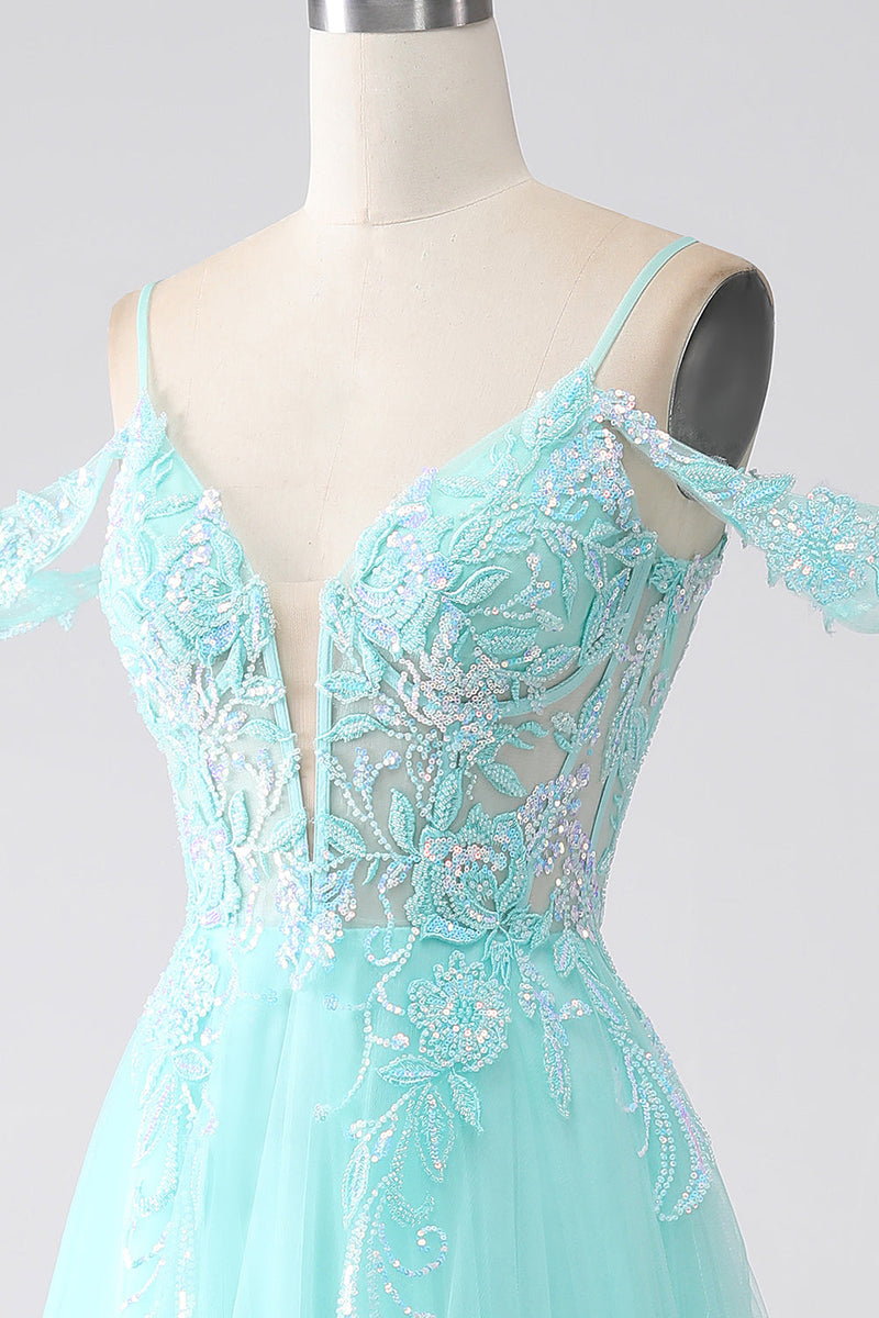 Load image into Gallery viewer, Light Green Cold Shoulder Sequins Formal Dress