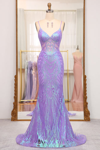 Sparkly Purple Mermaid Long Formal Dress With Embroidery Appliques