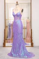 Load image into Gallery viewer, Sparkly Purple Mermaid Long Formal Dress With Embroidery Appliques