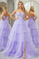 Load image into Gallery viewer, Lilac A Line Appliqued Tiered Long Corset Formal Dress With Slit