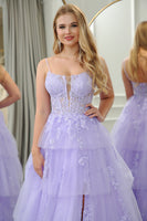 Load image into Gallery viewer, Lilac A Line Appliqued Tiered Long Corset Formal Dress With Slit
