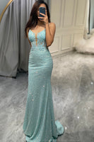 Load image into Gallery viewer, Sparkly Light Green Mermaid Long Appliqued Formal Dress
