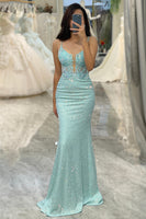 Load image into Gallery viewer, Sparkly Light Green Mermaid Long Appliqued Formal Dress
