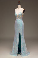 Load image into Gallery viewer, Sparkly Mermaid Grey Blue Formal Dress with Slit