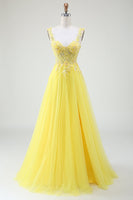 Load image into Gallery viewer, Tulle Beaded Yellow Corset Formal Dress with Slit