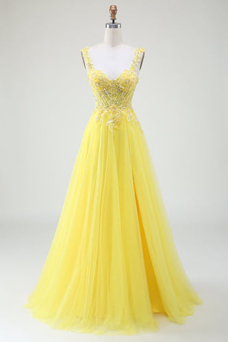 Tulle Beaded Yellow Corset Formal Dress with Slit