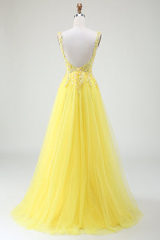 Tulle Beaded Yellow Corset Formal Dress with Slit