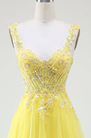 Load image into Gallery viewer, Tulle Beaded Yellow Corset Formal Dress with Slit