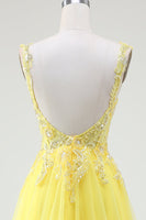 Load image into Gallery viewer, Tulle Beaded Yellow Corset Formal Dress with Slit