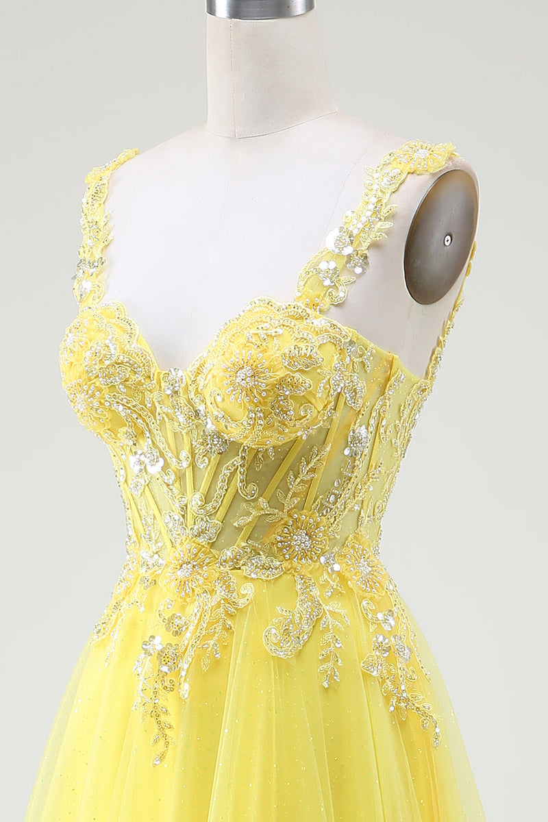 Load image into Gallery viewer, Tulle Beaded Yellow Corset Formal Dress with Slit