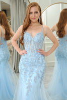 Load image into Gallery viewer, Light Blue Mermaid Backless Appliqued Long Corset Formal Dress With Slit