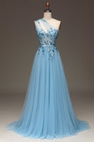 Load image into Gallery viewer, Light Blue A-Line One Shoulder Sequin Formal Dress with Appliques