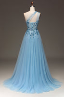 Load image into Gallery viewer, Light Blue A-Line One Shoulder Sequin Formal Dress with Appliques