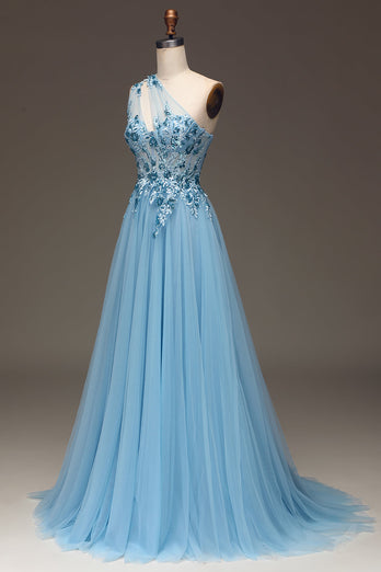 Light Blue A-Line One Shoulder Sequin Formal Dress with Appliques