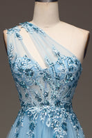 Load image into Gallery viewer, Light Blue A-Line One Shoulder Sequin Formal Dress with Appliques